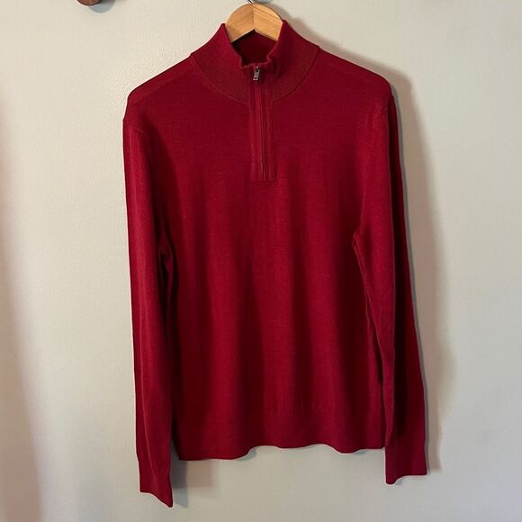 New! Banana Republic Factory 100% Merino Wool Quarter-Zip Sweater in Cognac Red - Picture 2 of 16